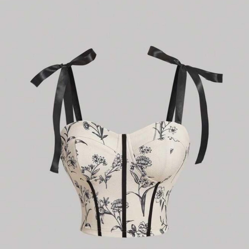 NWOT Floral Print Tie Strap Corset Style Tank Top with Black and Cream Design